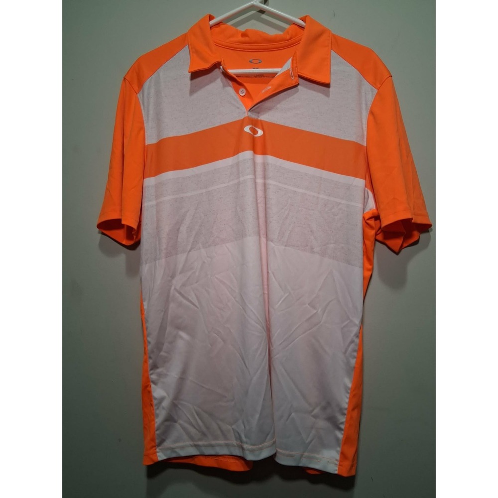 Oakley Men M‎ Golf Polo Shirt Orange White Stripe Short Sleeve Regular Fit